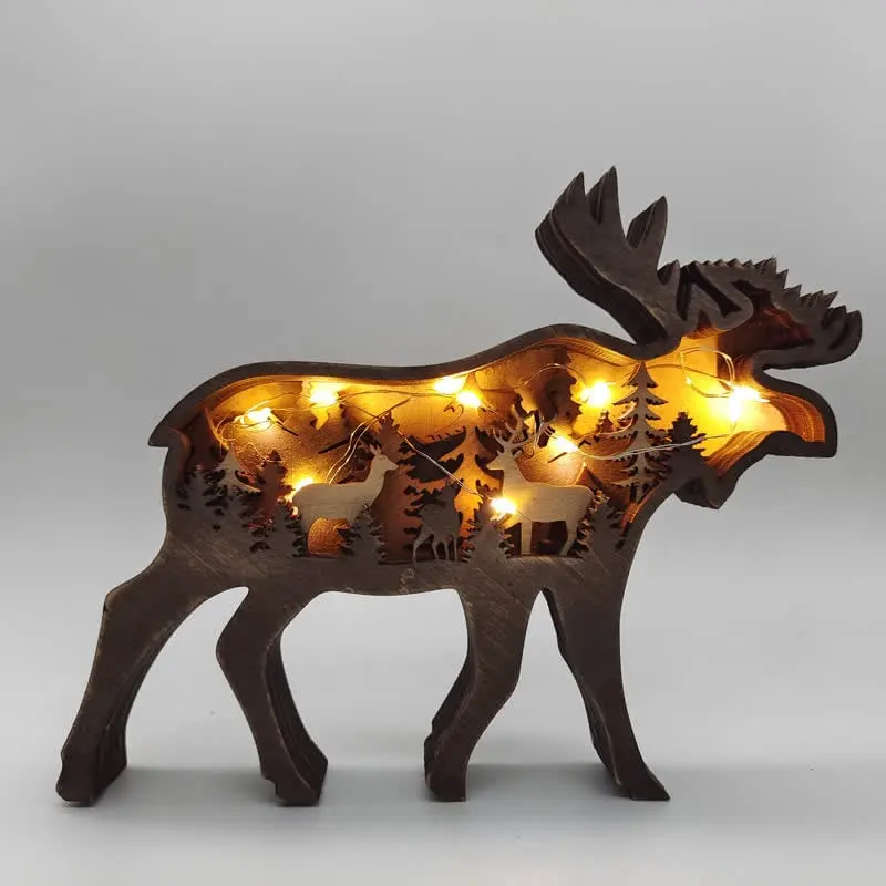 3D Animals Wooden Crafts with Light Deer Moose Home Decor for Wall and Tabletop - Image 5