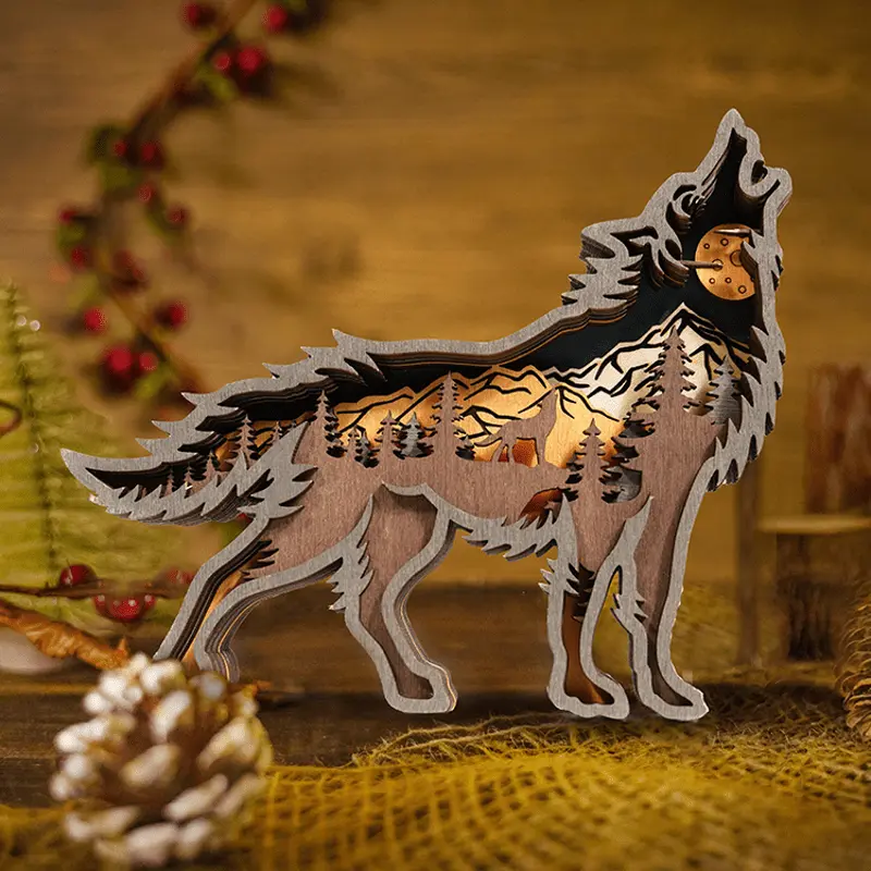 3D Creative Wolf Wood Decoration Forest Animals Wooden Crafts Carved Art - Image 5
