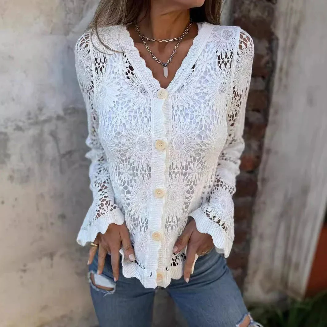 🌸Summer hot sale🌸Women lace V-neck long sleeve top - Image 2