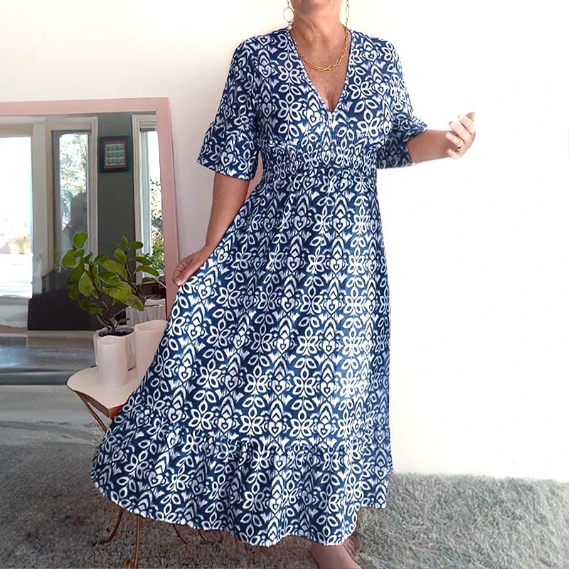 🔥Hot Sale🔥Bohemian casual print V-neck waist wrap long dress - Image 9