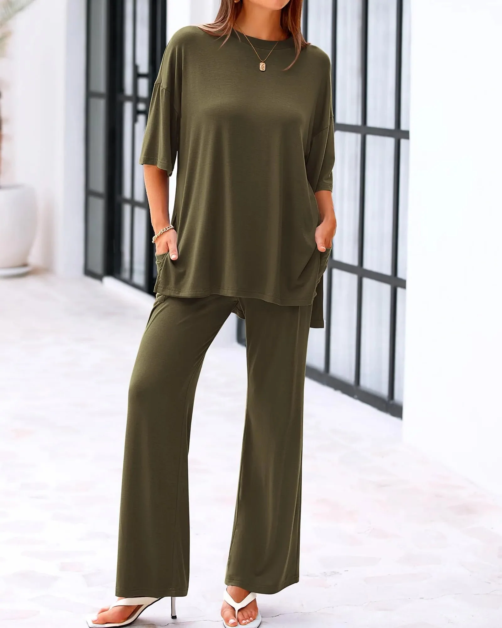 Casual 2-Piece Loose-Fit Short Sleeve Top & Wide-Leg Pants Set with Pockets - Image 11