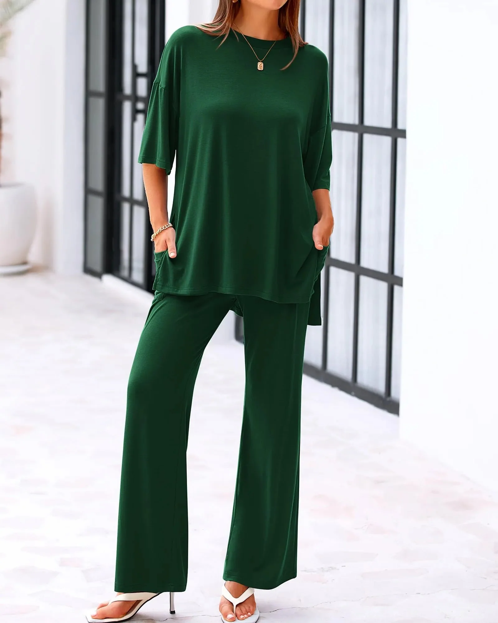 Casual 2-Piece Loose-Fit Short Sleeve Top & Wide-Leg Pants Set with Pockets - Image 15