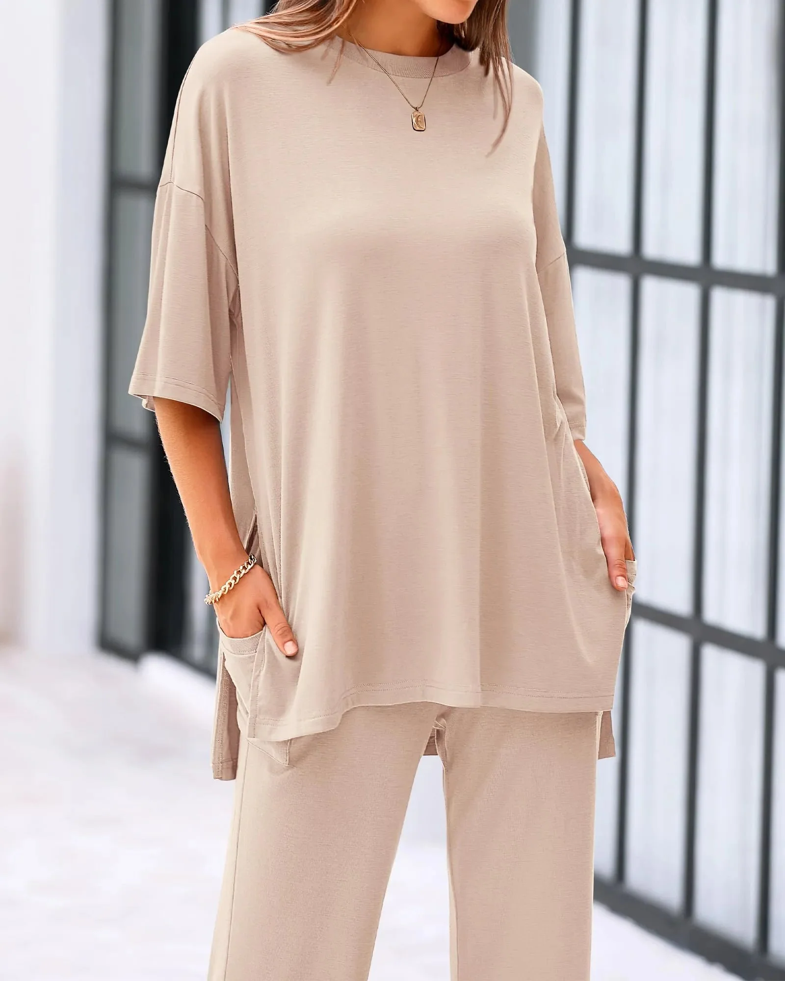 Casual 2-Piece Loose-Fit Short Sleeve Top & Wide-Leg Pants Set with Pockets - Image 6