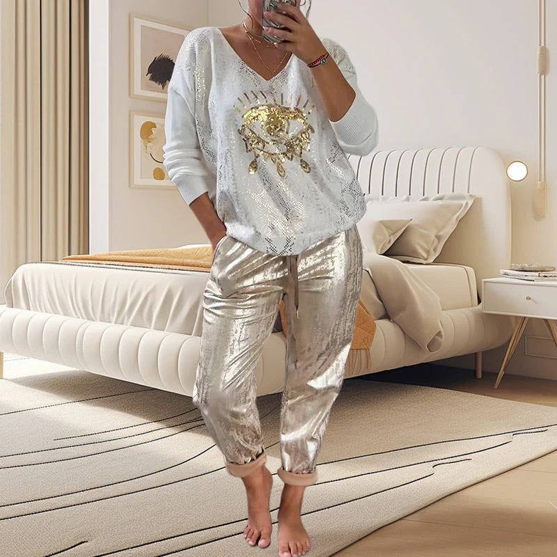 🌷2-teiliges Damen-Set: Devil's Eye Goldfolien-Oberteil und Pailletten-Hosen-Set