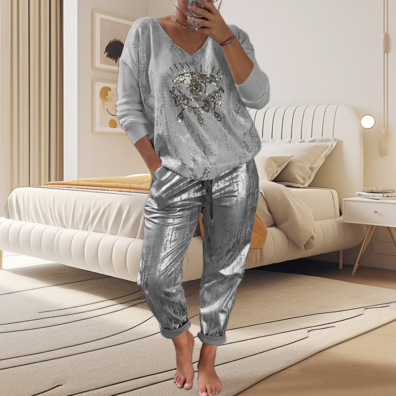 🌷2-teiliges Damen-Set: Devil's Eye Goldfolien-Oberteil und Pailletten-Hosen-Set - Image 3