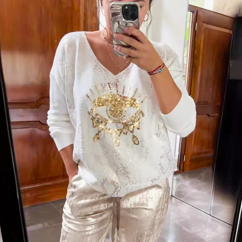 🌷2-teiliges Damen-Set: Devil's Eye Goldfolien-Oberteil und Pailletten-Hosen-Set - Image 4