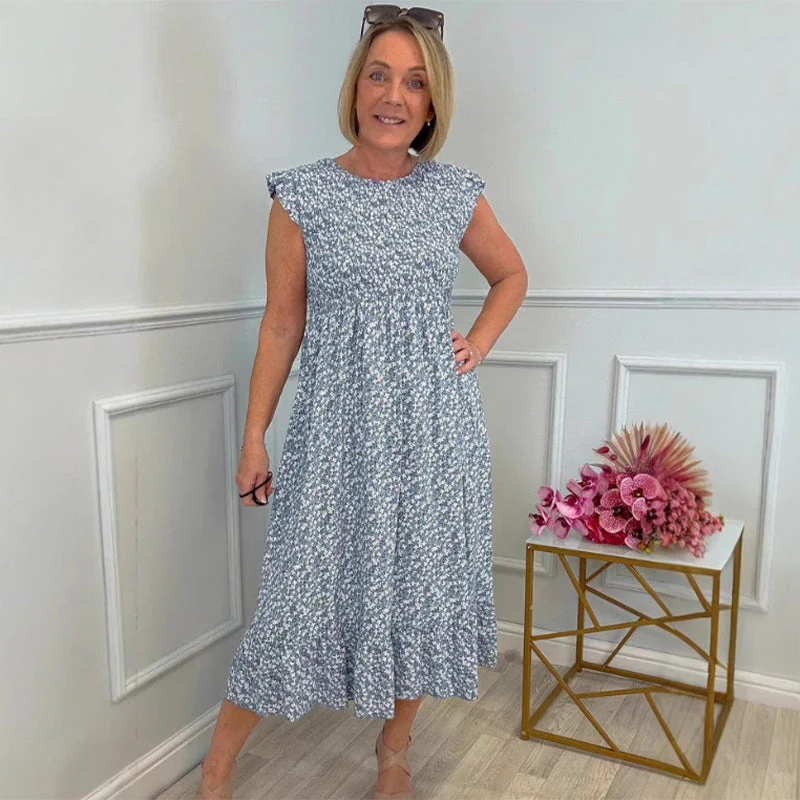 💃Women's Elegant Floral Print High-Waisted Ruffle Cap Sleeve Dress - Image 3