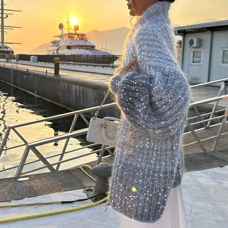 Christmas Promotion-Knitted sweater jacket with solid color sequins - Image 10