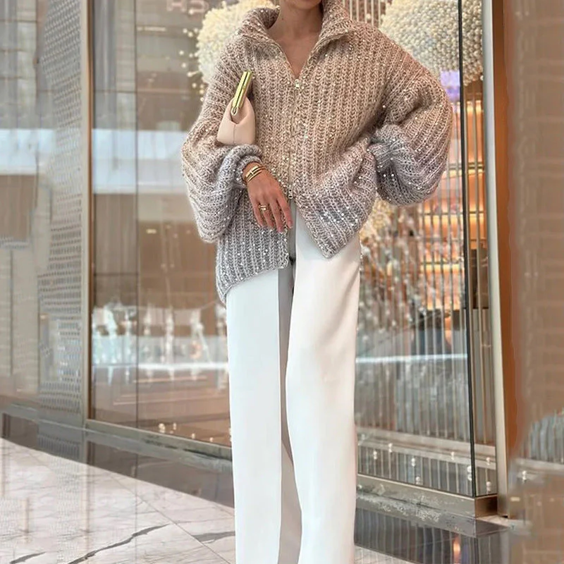 Christmas Promotion-Knitted sweater jacket with solid color sequins - Image 3