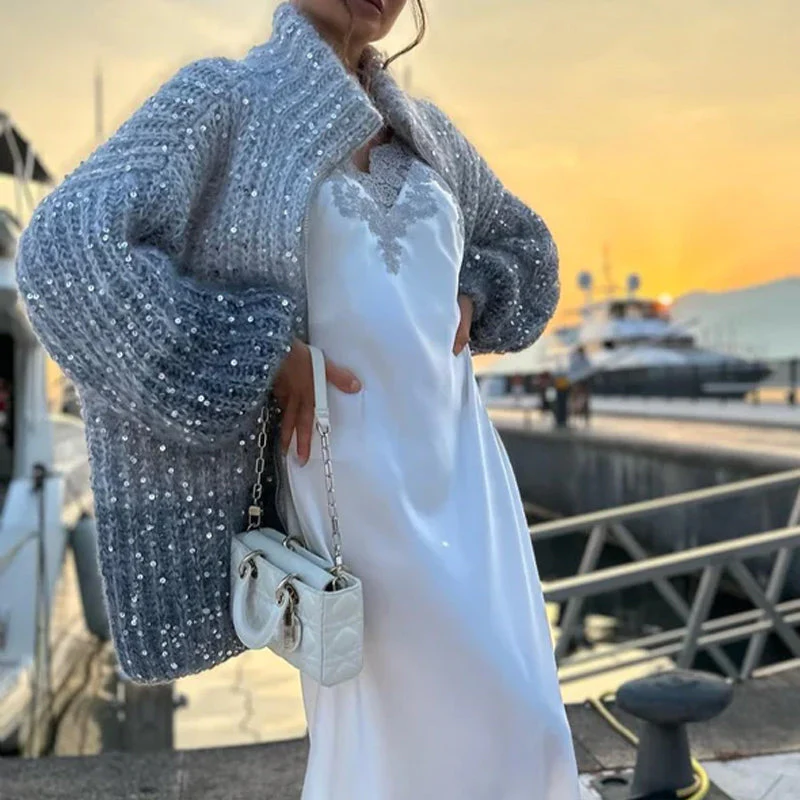 Christmas Promotion-Knitted sweater jacket with solid color sequins - Image 5
