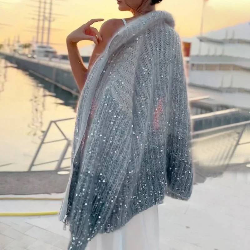 Christmas Promotion-Knitted sweater jacket with solid color sequins - Image 6