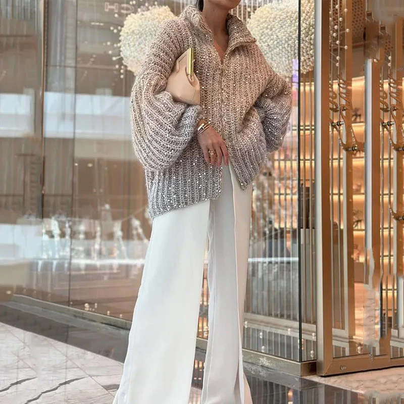 Christmas Promotion-Knitted sweater jacket with solid color sequins - Image 8