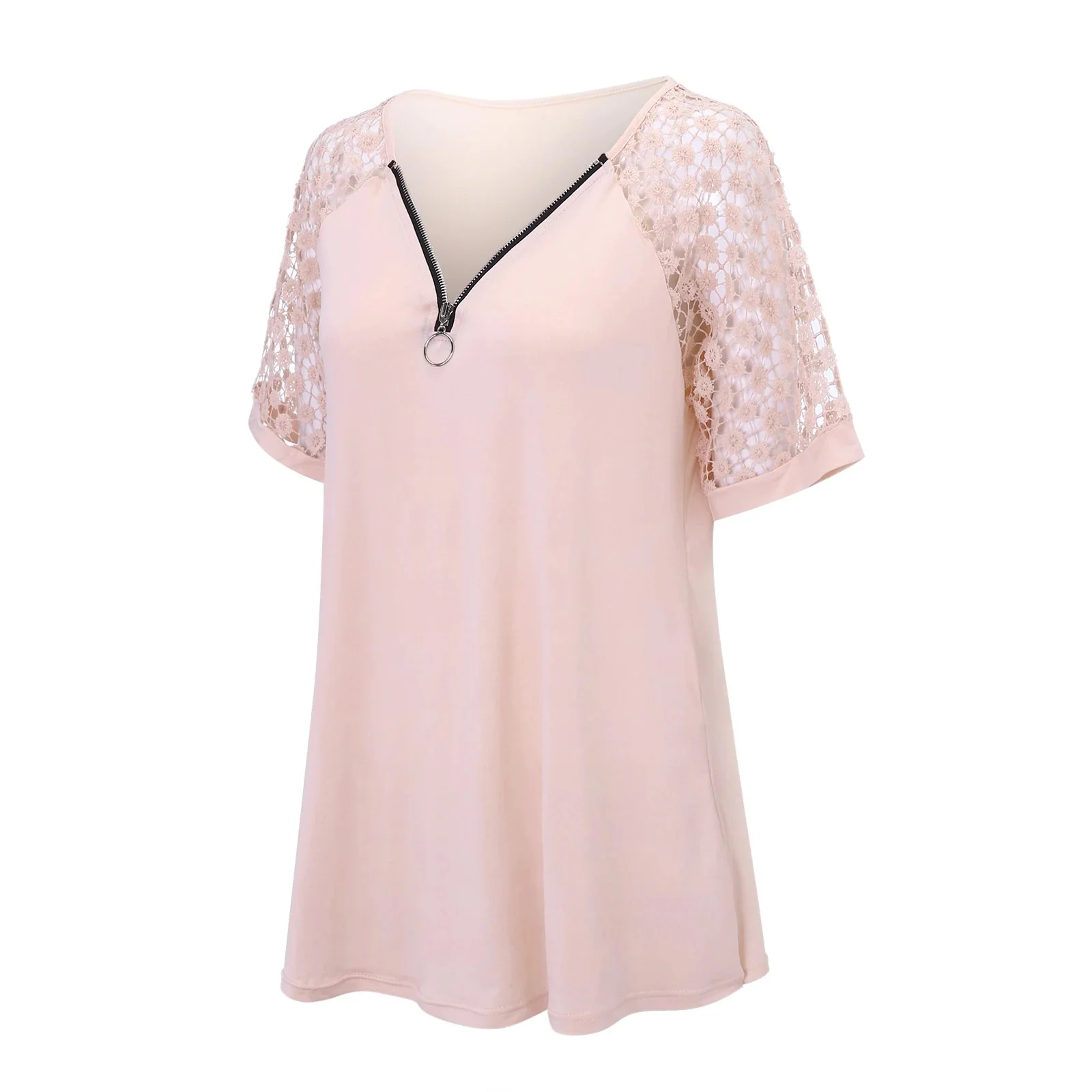 2023 NEW FASHION CASUAL LACE TOPS PATCHWORK SUMMER V-NECK HOLLOW OUT T-SHIRT - Image 2