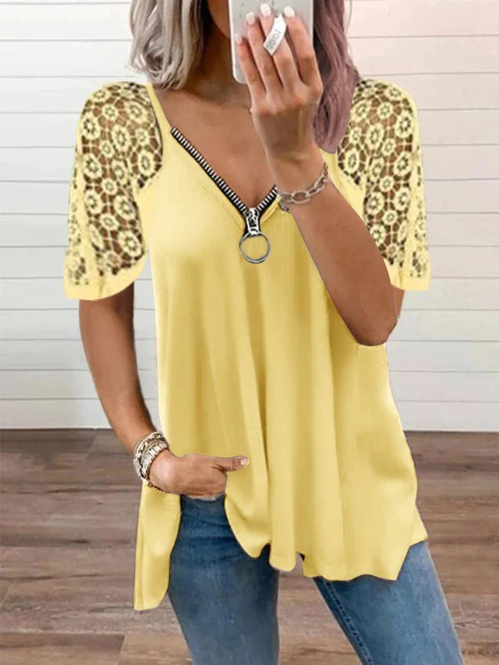 2023 NEW FASHION CASUAL LACE TOPS PATCHWORK SUMMER V-NECK HOLLOW OUT T-SHIRT - Image 4