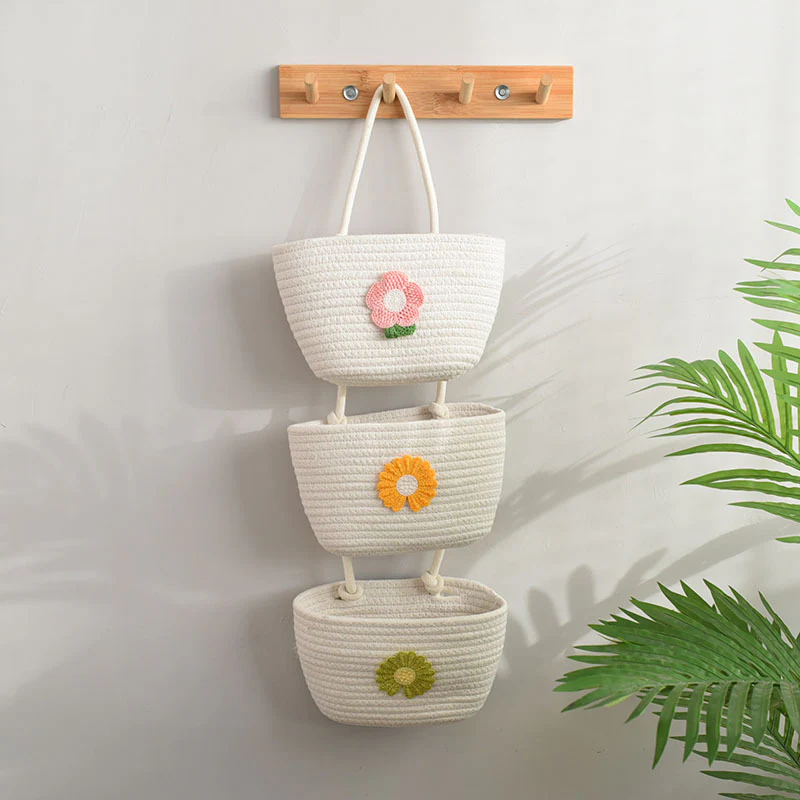living room bedroom entryway Over The Door Hanging Basket Boho Woven Over-Door Storage Organizer – 3-Tier Cotton Hanging Baskets - Image 10