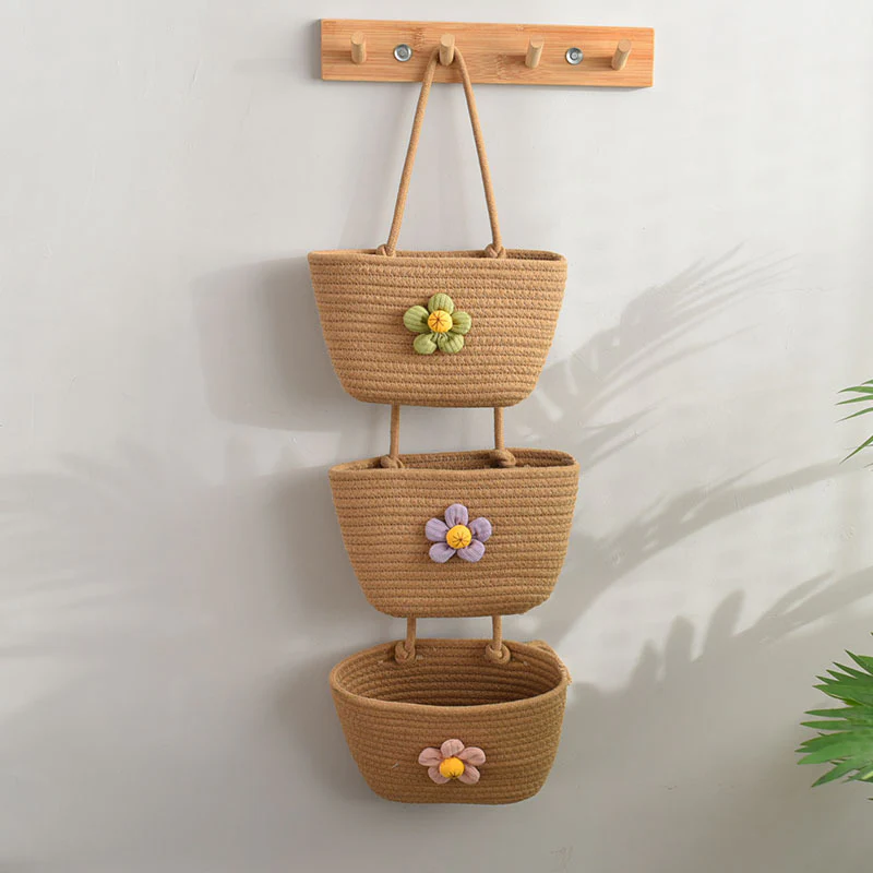 living room bedroom entryway Over The Door Hanging Basket Boho Woven Over-Door Storage Organizer – 3-Tier Cotton Hanging Baskets - Image 11
