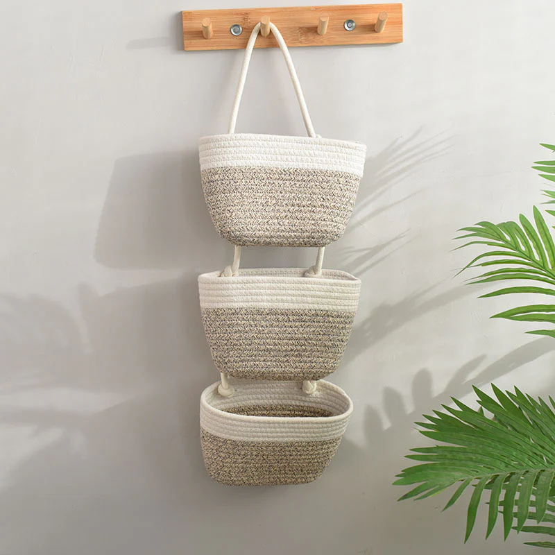 living room bedroom entryway Over The Door Hanging Basket Boho Woven Over-Door Storage Organizer – 3-Tier Cotton Hanging Baskets - Image 25