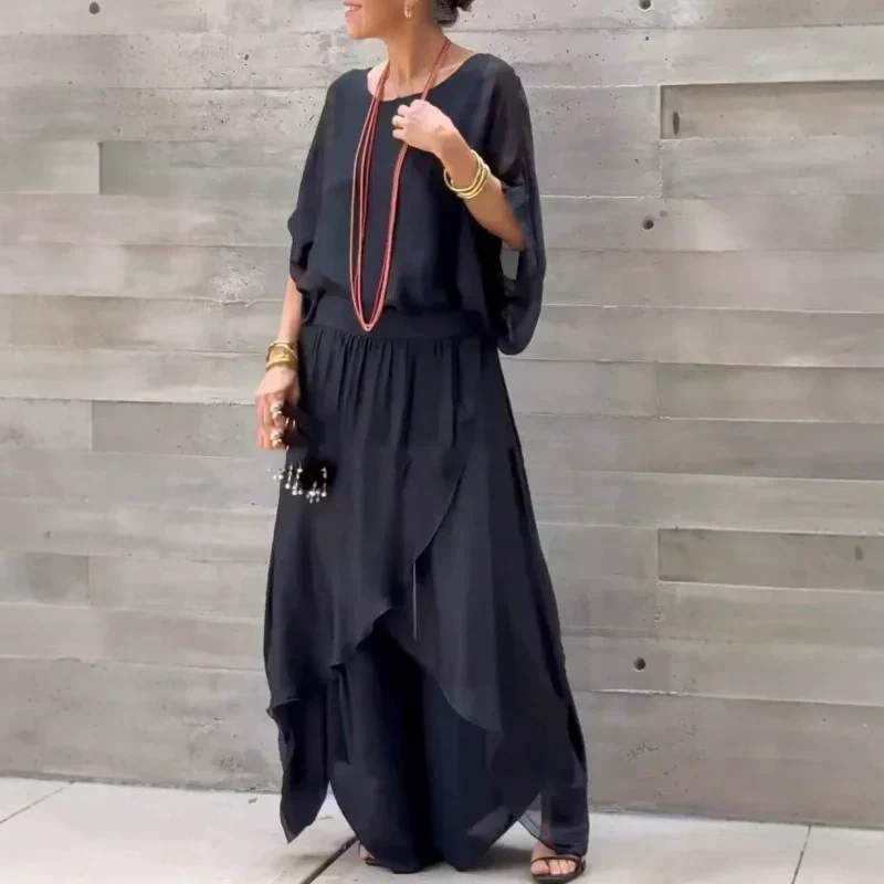 Loose Top & Slit Wide-Leg Pants Chiffon 2-Piece Set
