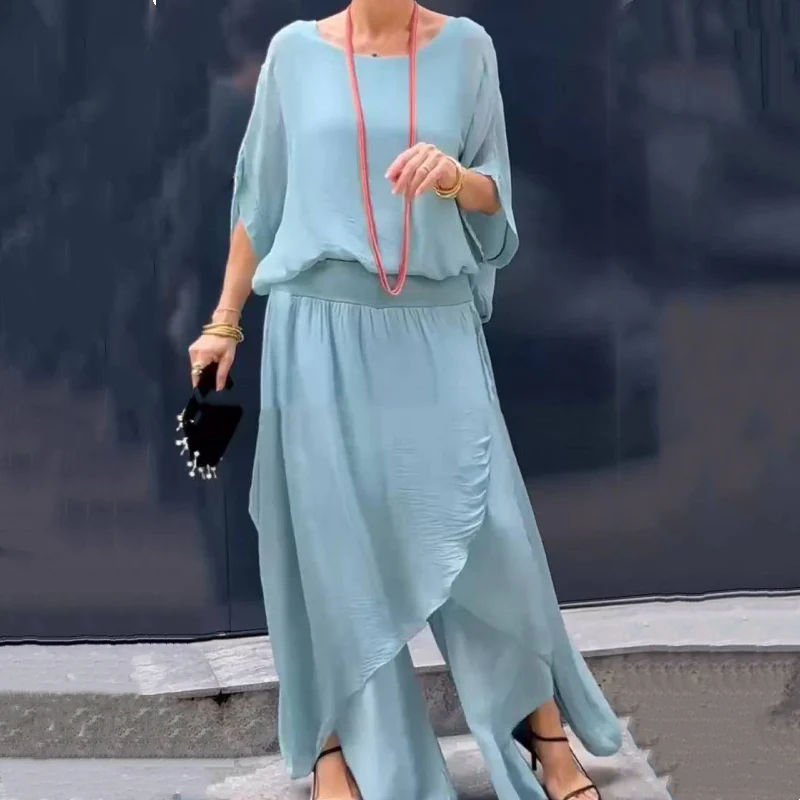 Loose Top & Slit Wide-Leg Pants Chiffon 2-Piece Set - Image 7