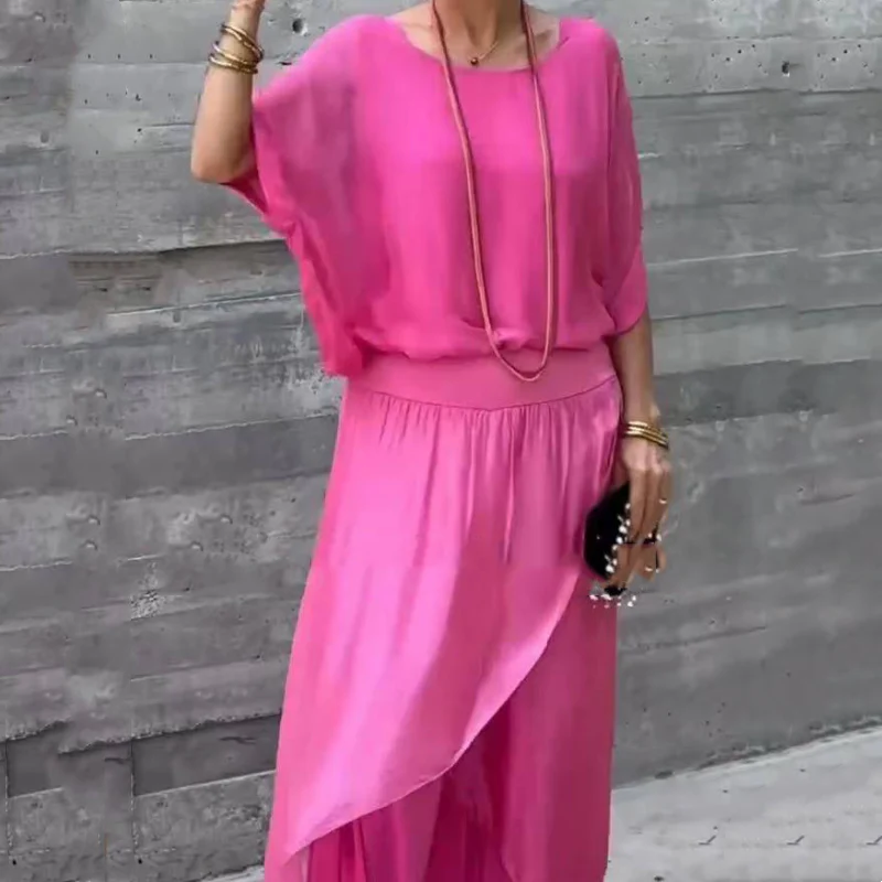 Loose Top & Slit Wide-Leg Pants Chiffon 2-Piece Set - Image 8