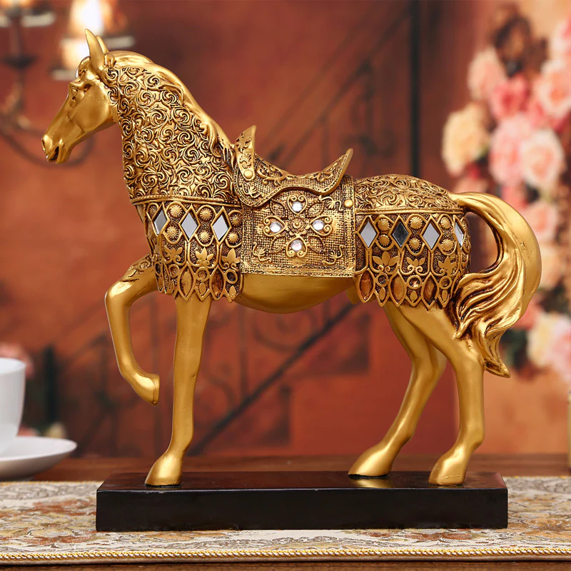 Luxury Diamond Horse Standing Statue, Golden Fortune Horse Statue Carved Resin Horse Sculpture Art Home Decor, Brass Horse Statue - Image 4