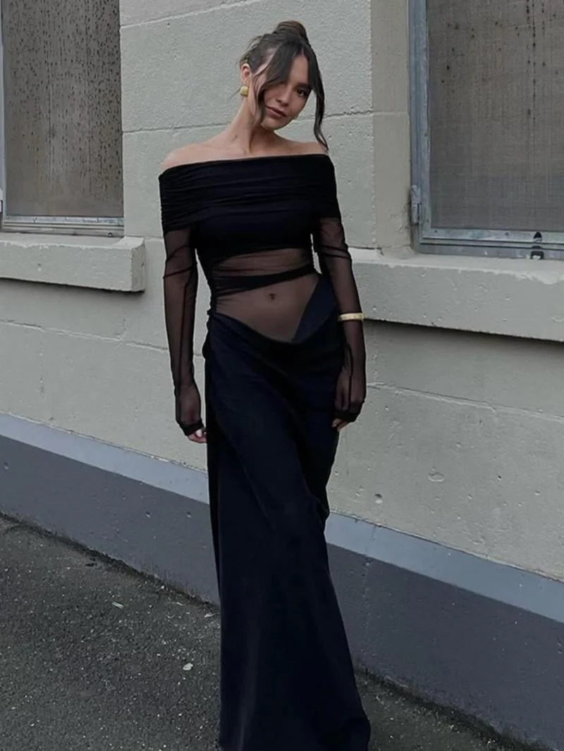 🔥Solid Color Off Shoulder Pleated Sheer Mesh Dress - Image 2