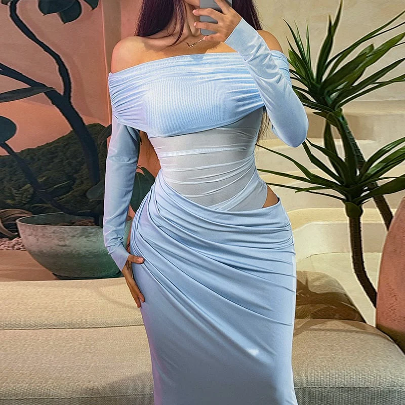 🔥Solid Color Off Shoulder Pleated Sheer Mesh Dress - Image 7