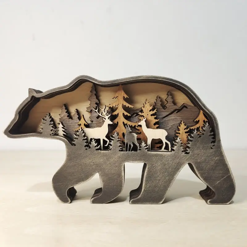 Multi Layer 3D Bear Wooden Carfts Wall Statue Freestanding Art Decor with Lights - Image 10