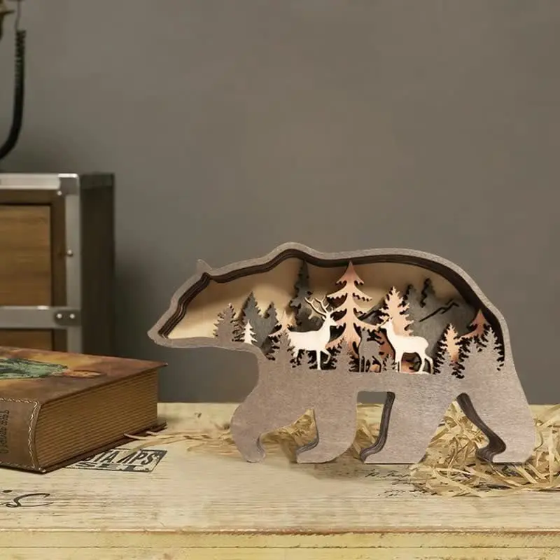 Multi Layer 3D Bear Wooden Carfts Wall Statue Freestanding Art Decor with Lights - Image 6