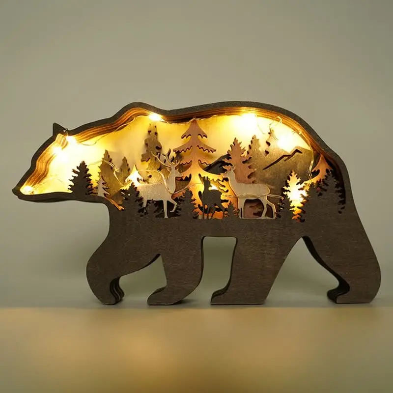 Multi Layer 3D Bear Wooden Carfts Wall Statue Freestanding Art Decor with Lights - Image 9