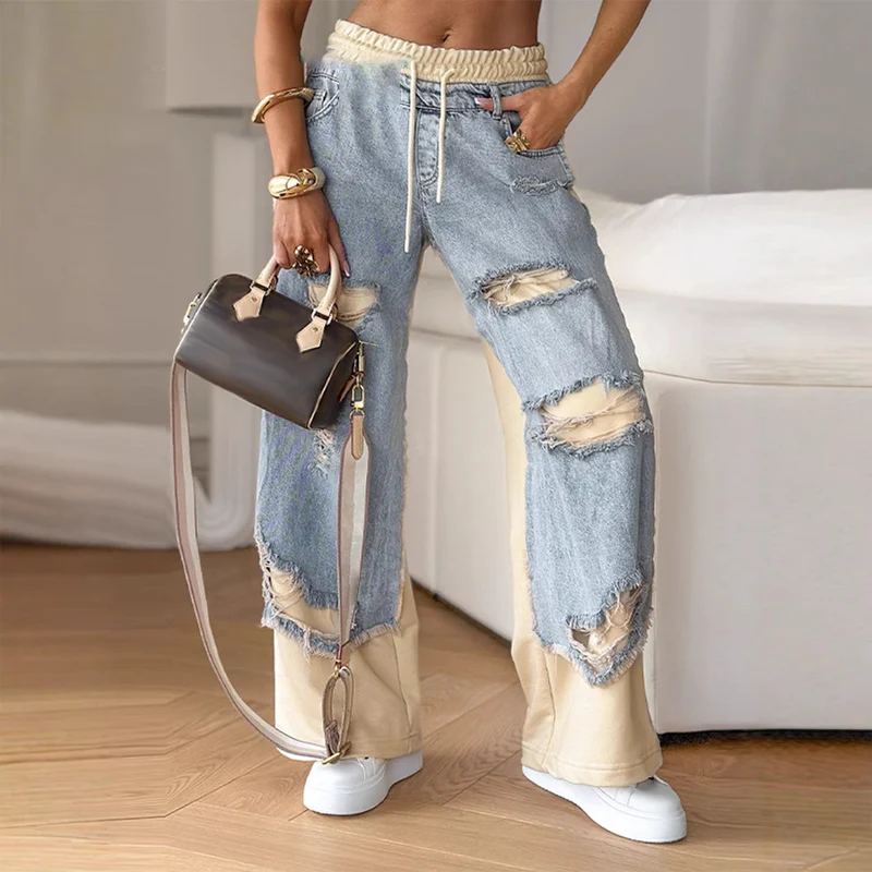 Patchwork denim elastic drawstring wide leg pants - Image 2
