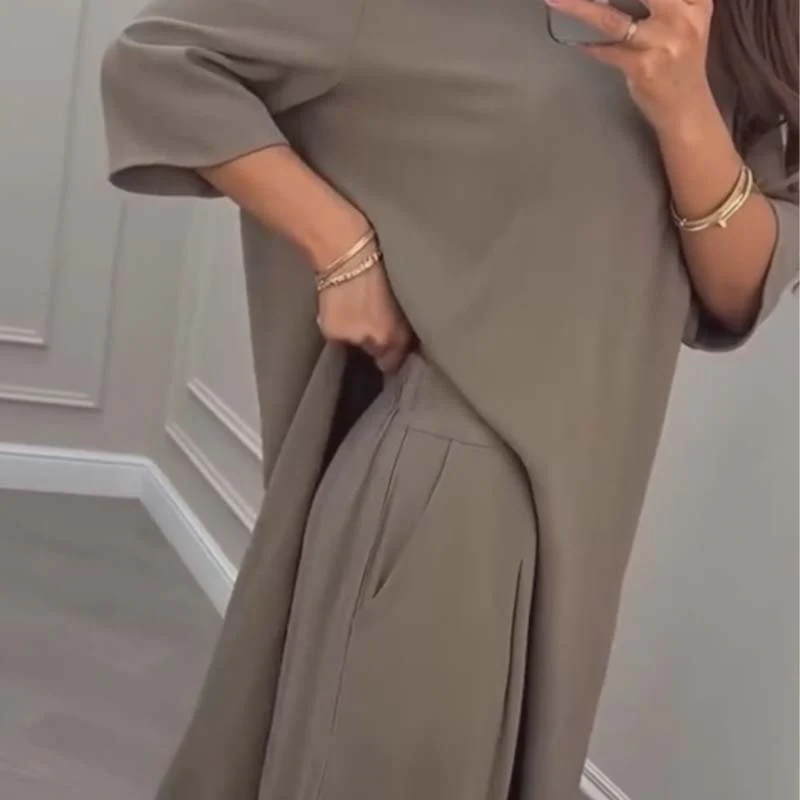 💕Solid Color Irregular Top & Wide-Leg Pants 2-PCS Set - Image 3