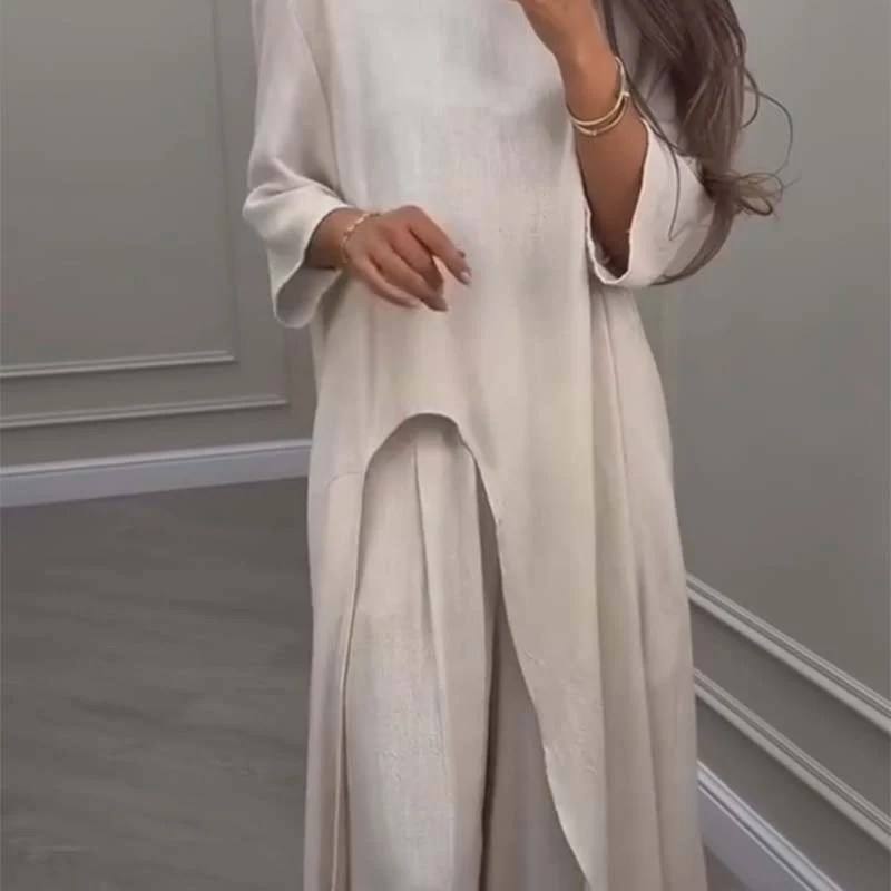 💕Solid Color Irregular Top & Wide-Leg Pants 2-PCS Set - Image 4
