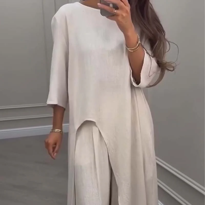 💕Solid Color Irregular Top & Wide-Leg Pants 2-PCS Set - Image 6