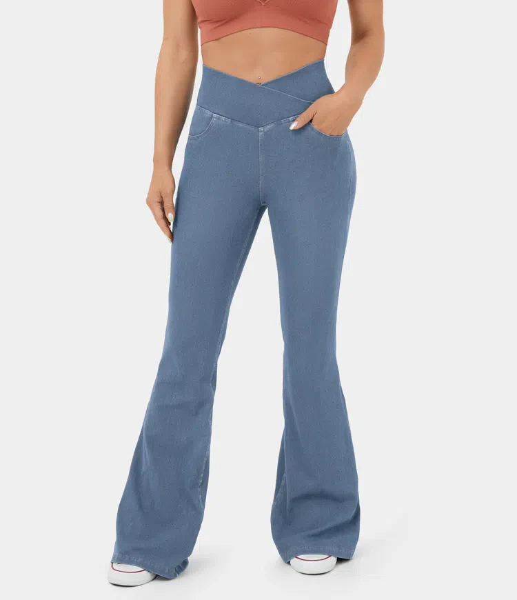 Stretchy Knit Denim Casual Super Flare Pants - Image 11