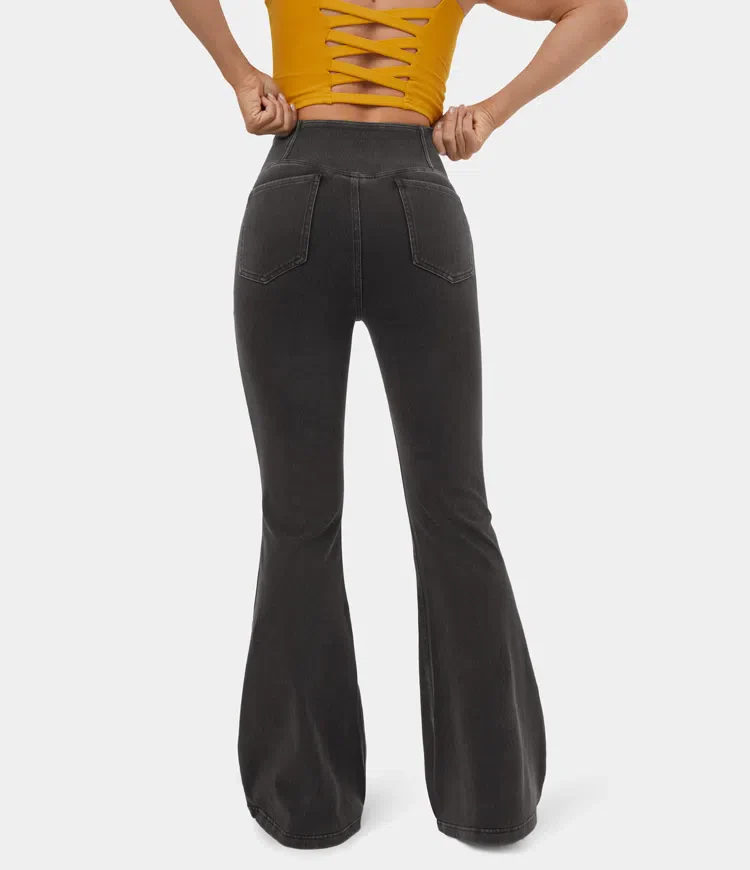 Stretchy Knit Denim Casual Super Flare Pants - Image 9