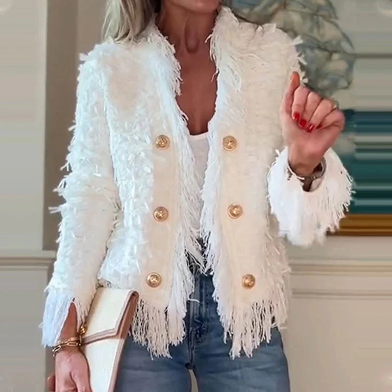 đ Womenâs Fashion Button Tassel Short Coat