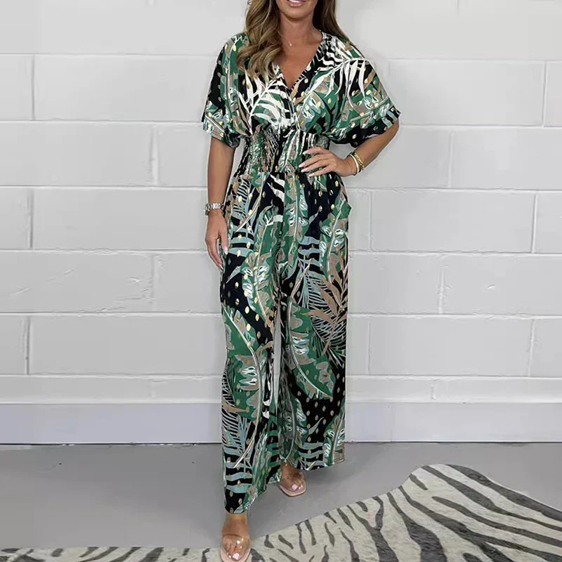 Women's Summer Fashion Leaf Print Plus Size Bodysuit with Elastic Waist - Image 3