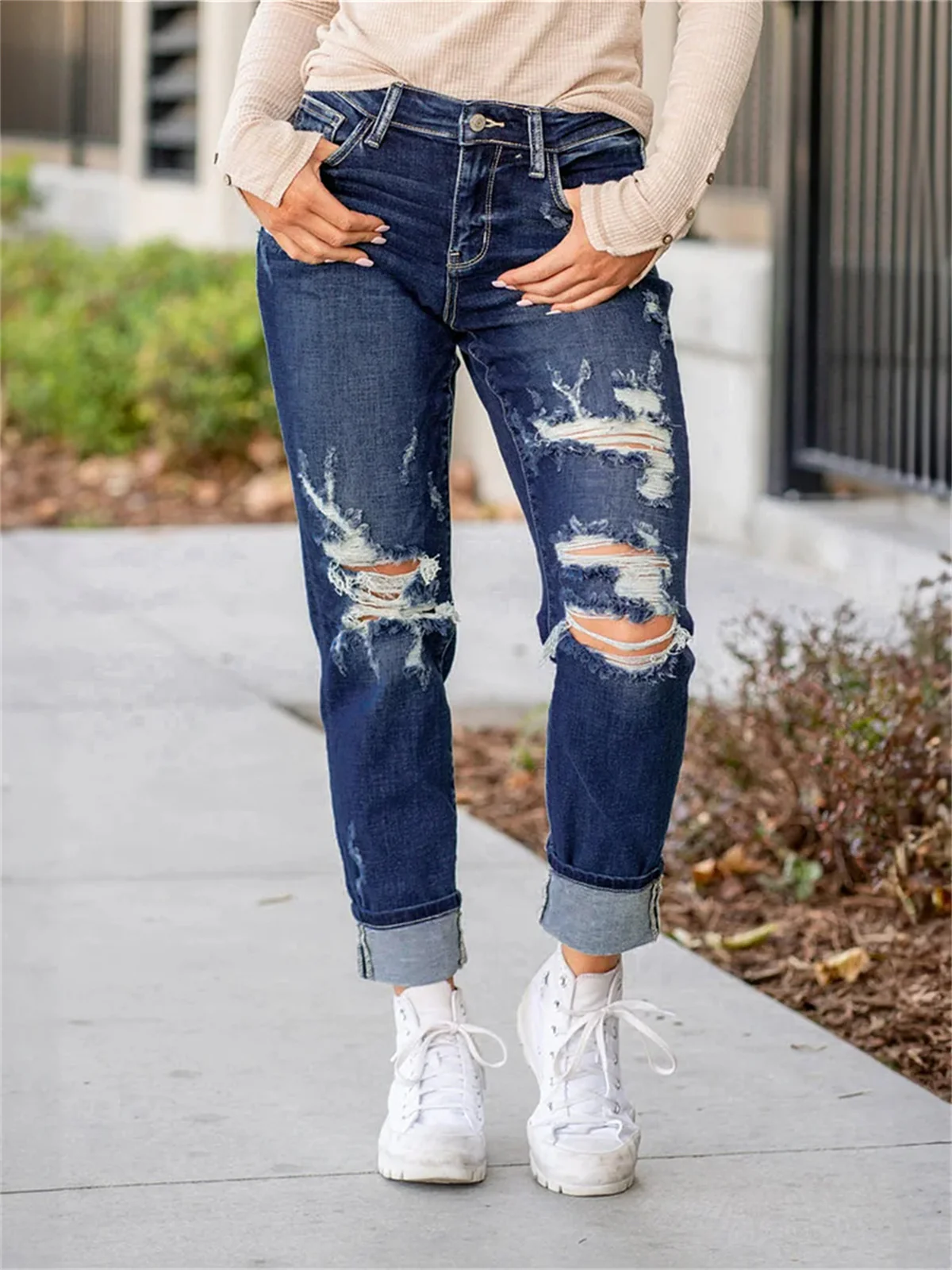 Tummy Control Distressed Cuffed Boyfriend Jeans (Buy 2 Free Shipping) - Image 12