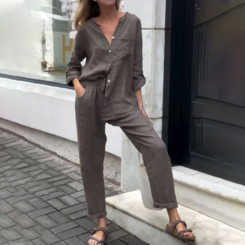 Casual Solid Color V-Neck Shirt & Pants Cotton Linen Two-Piece Set - Buy two and get free shipping! - Image 5