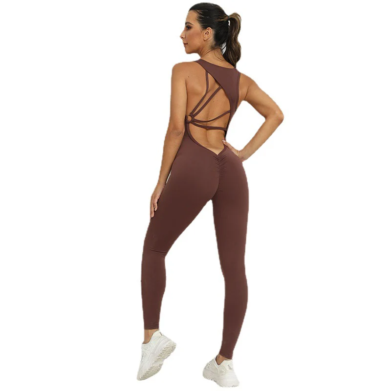 Sleeveless Flare Jumpsuits Sexy Backless Bodycon Scrunch Butt Yoga Rompers Seamless Playsuit - Image 5