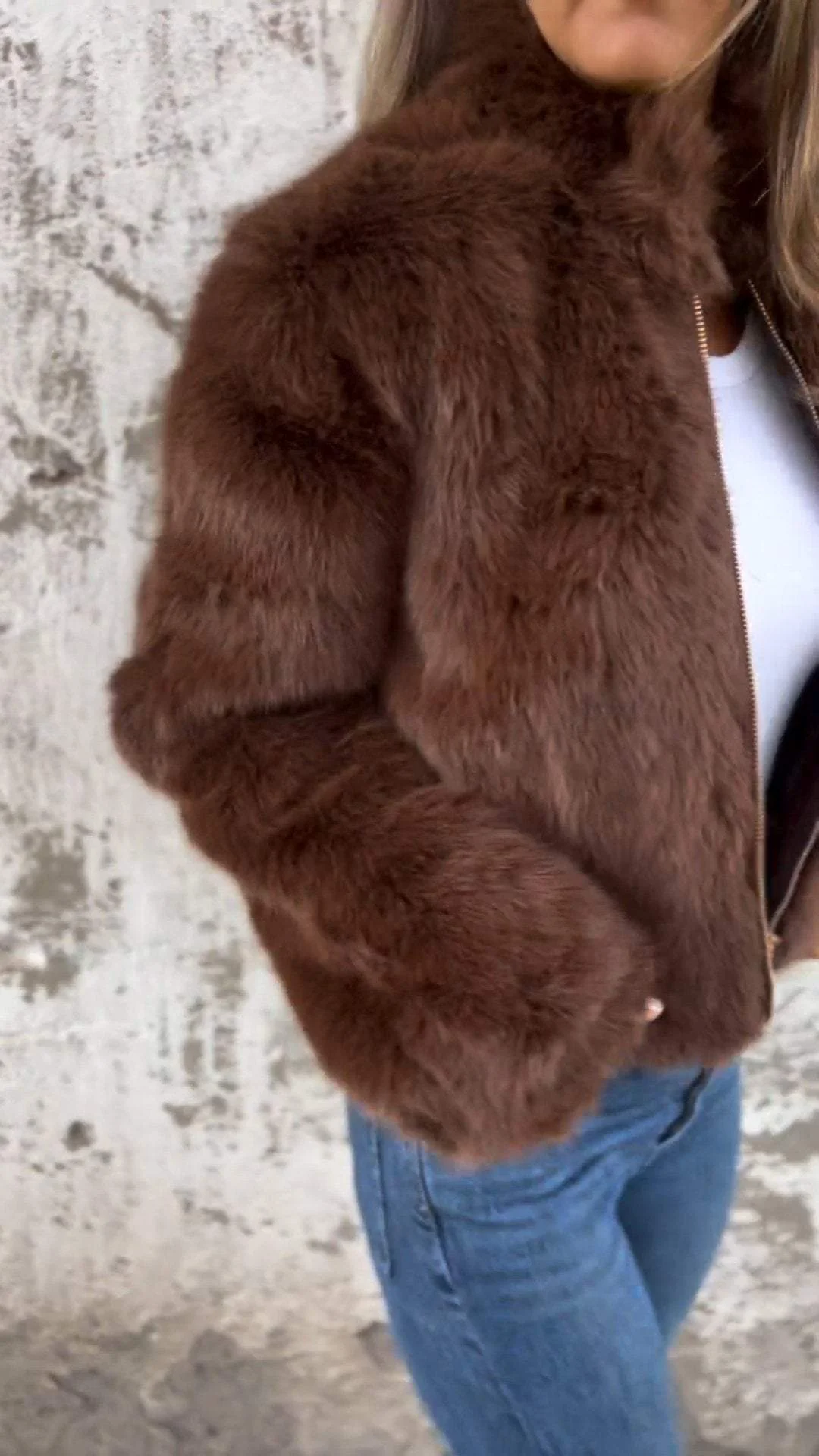 Women's High Collar Fur Zipper Casual Jacket - Image 4