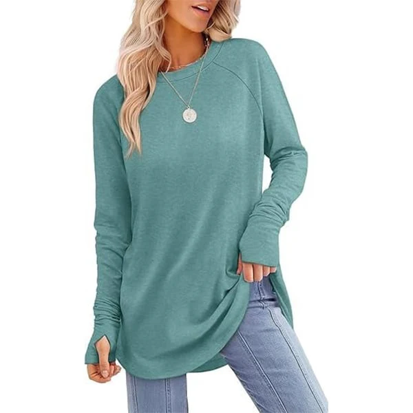 Womens Tunic Tops to Wear with Leggings Long Sleeve Thumb Crew Neck Curved Hem - Image 10