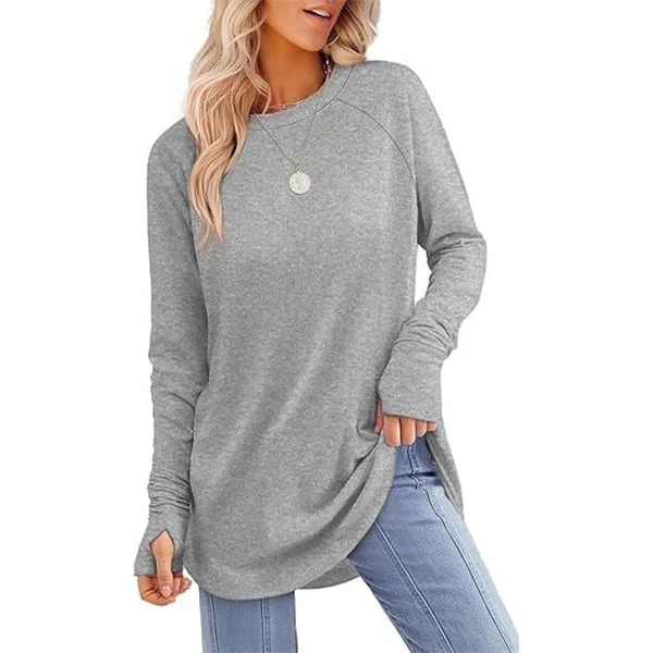 Womens Tunic Tops to Wear with Leggings Long Sleeve Thumb Crew Neck Curved Hem - Image 15