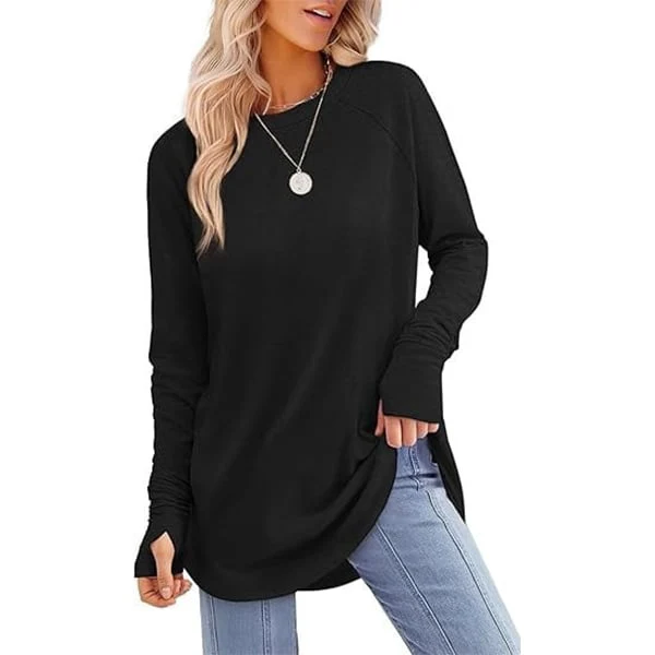 Womens Tunic Tops to Wear with Leggings Long Sleeve Thumb Crew Neck Curved Hem - Image 2