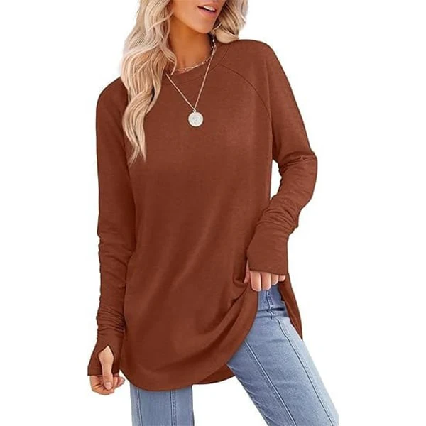 Womens Tunic Tops to Wear with Leggings Long Sleeve Thumb Crew Neck Curved Hem - Image 5