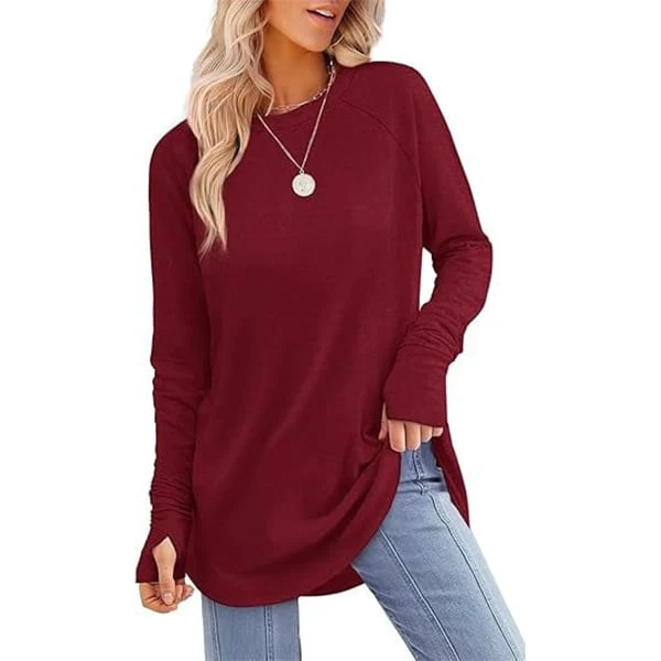 Womens Tunic Tops to Wear with Leggings Long Sleeve Thumb Crew Neck Curved Hem - Image 6