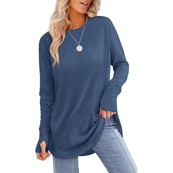 Womens Tunic Tops to Wear with Leggings Long Sleeve Thumb Crew Neck Curved Hem - Image 9