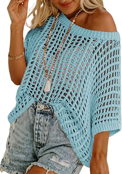 🎁 Womens Summer Scoop Neck ShortSleeve Sweater Casual Crochet Hollow Out KnitTops - Image 17