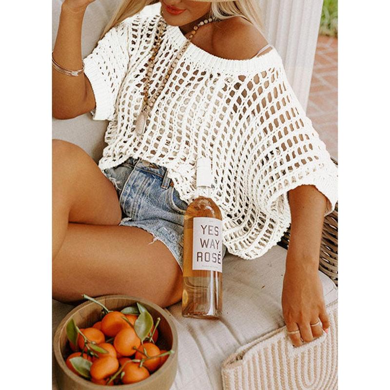 🎁 Womens Summer Scoop Neck ShortSleeve Sweater Casual Crochet Hollow Out KnitTops - Image 2